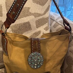 Leatherock Suede Tan Shoulder Bag with Turquoise Accents